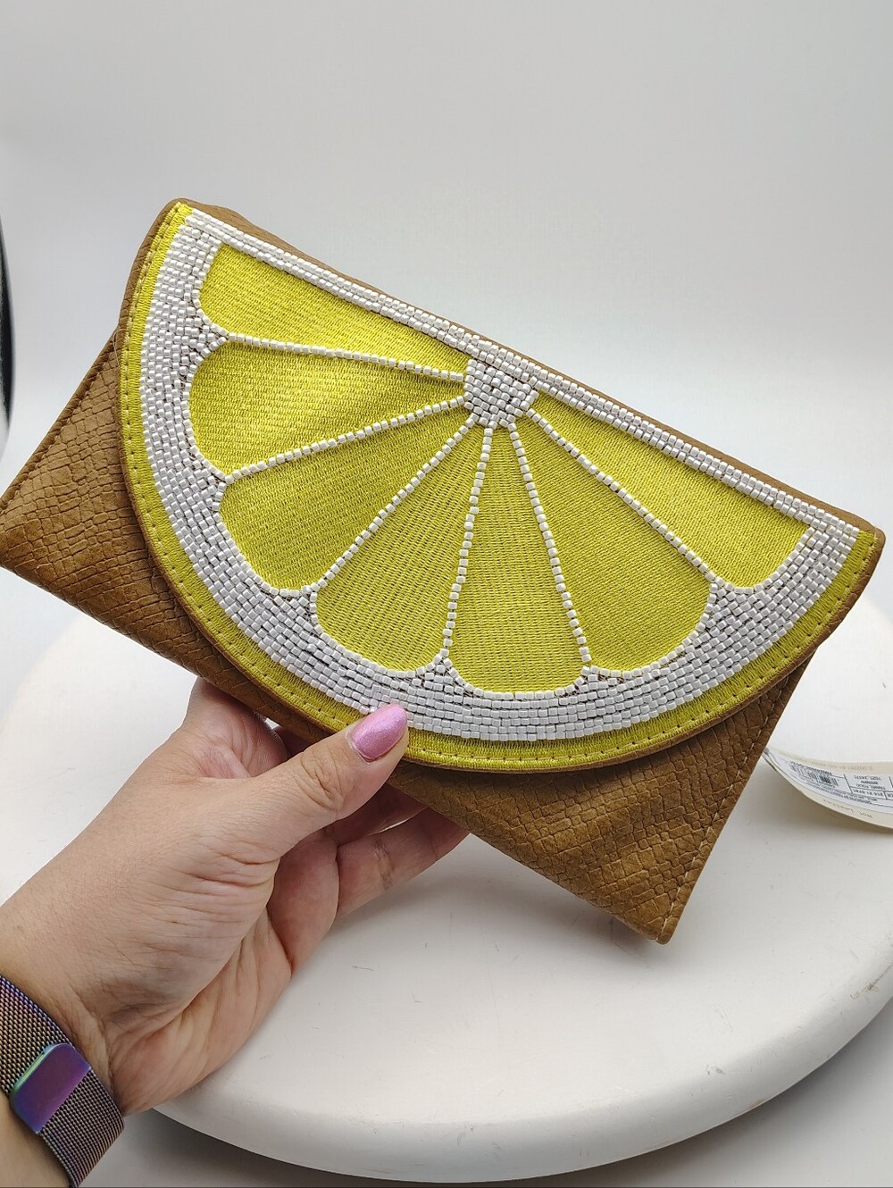 New A New Day Yellow Lemon Slice Beaded Clutch Travel Case For Jewelry